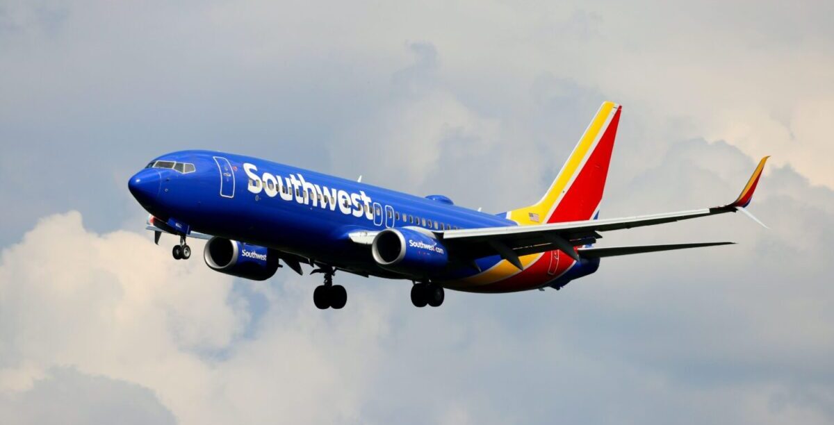 southwest airlines plane flying
