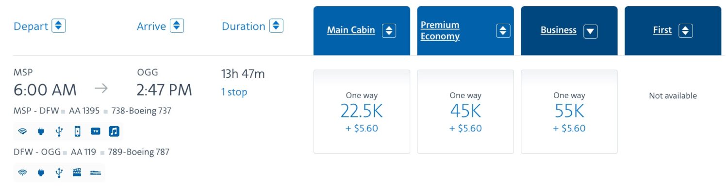 minneapolis to maui business class