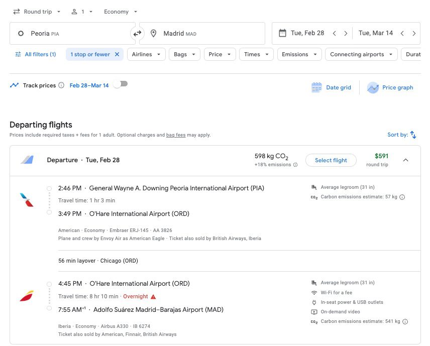 peoria to madrid flight