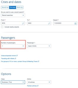 Searching one passenger on AA.com for Iberia business class awards