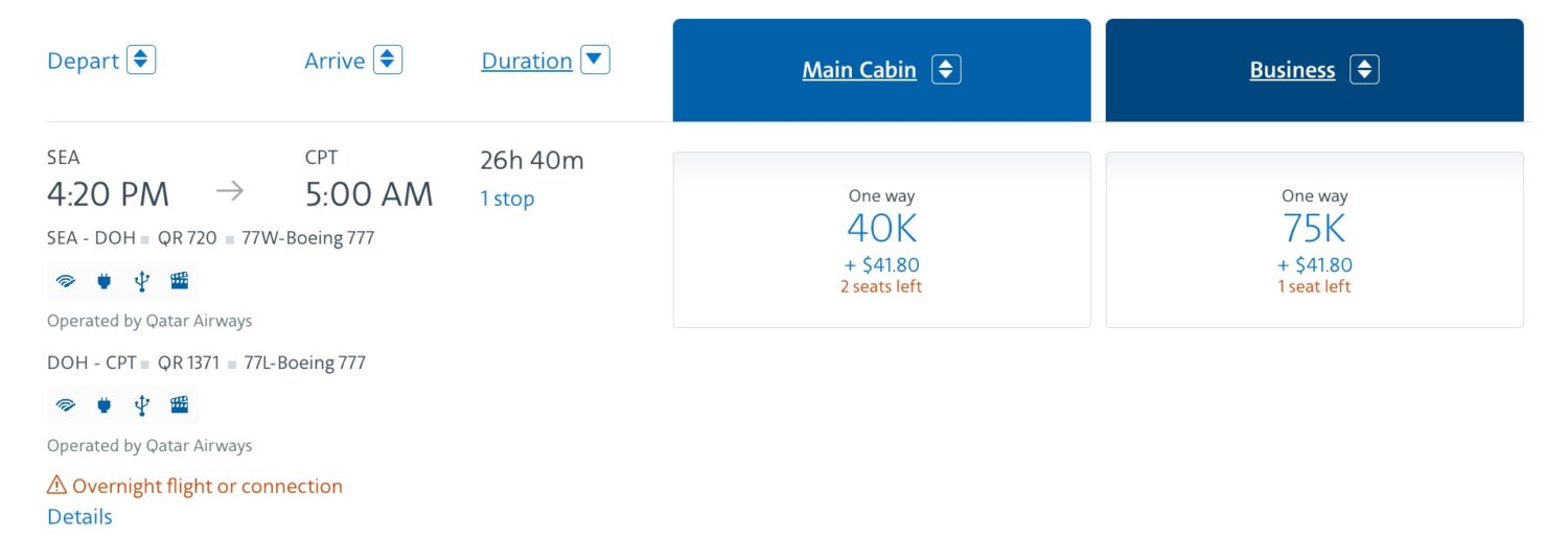 seattle to cape town aa