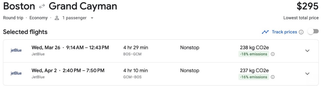 Boston to Grand Cayman flight deal for $295 roundtrip. 