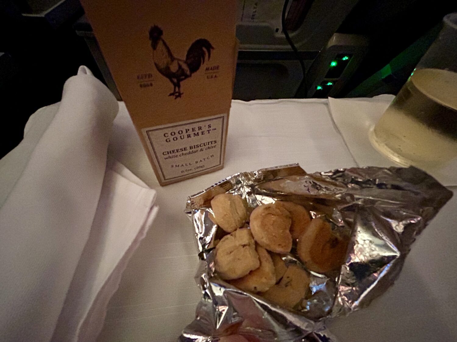 Cheese biscuits in a foil package on an airplane. 