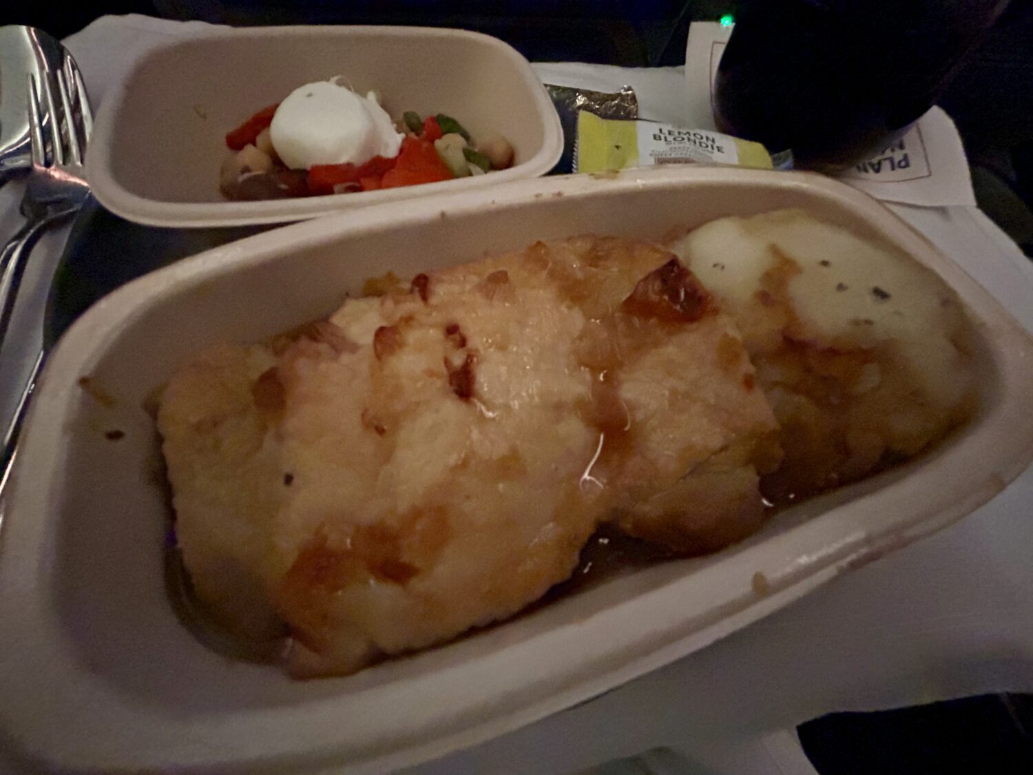 Chicken thigh, mashed potatoes, and vegetable tangine. 