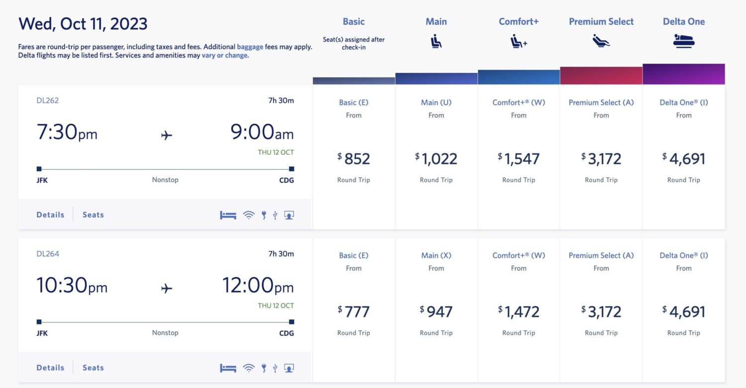 The five types of Delta fares laid out on a search result page