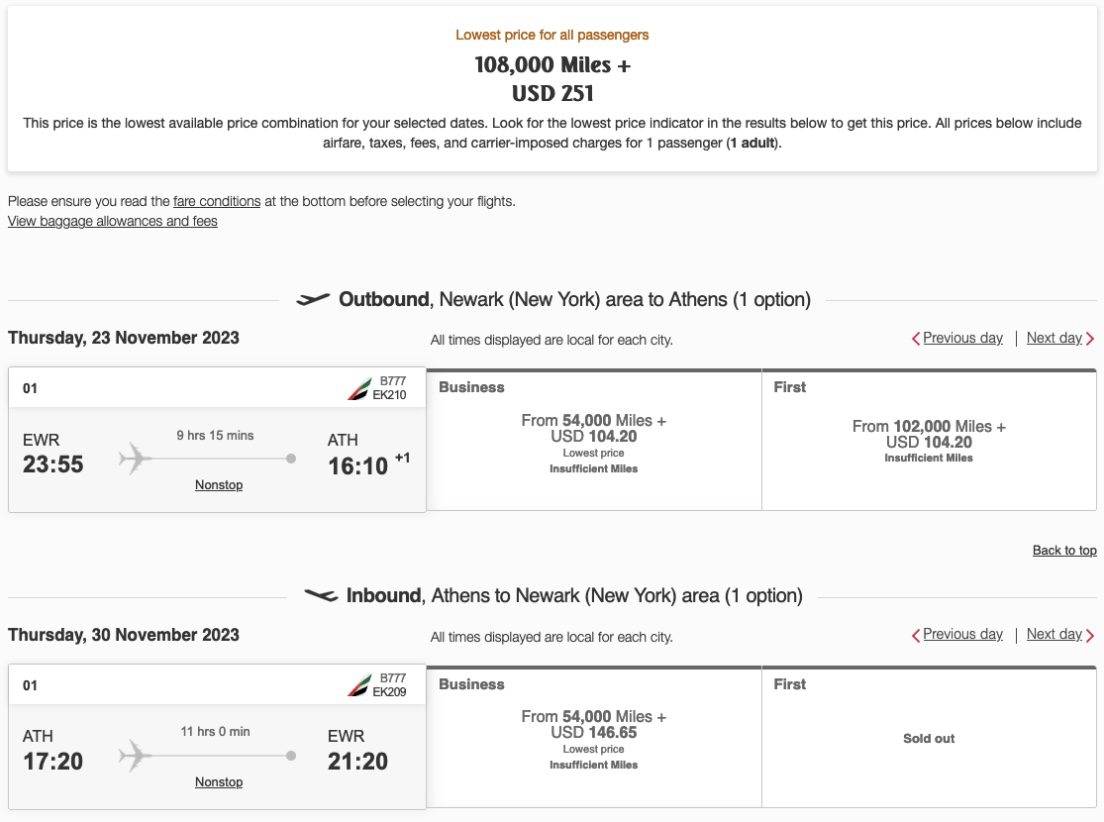 Emirates business class fare