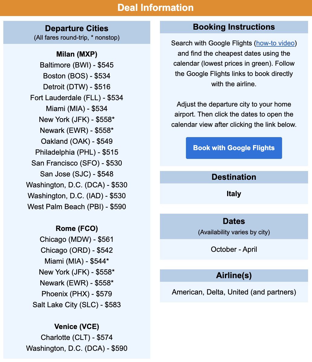 Italy flight deal