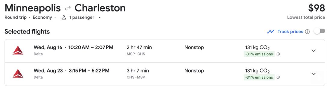 Minneapolis to Charleston nonstop flight