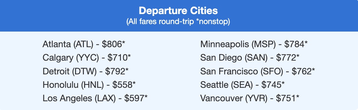 Nonstop flights to Tokyo in the $500s and $700s roundtrip. 