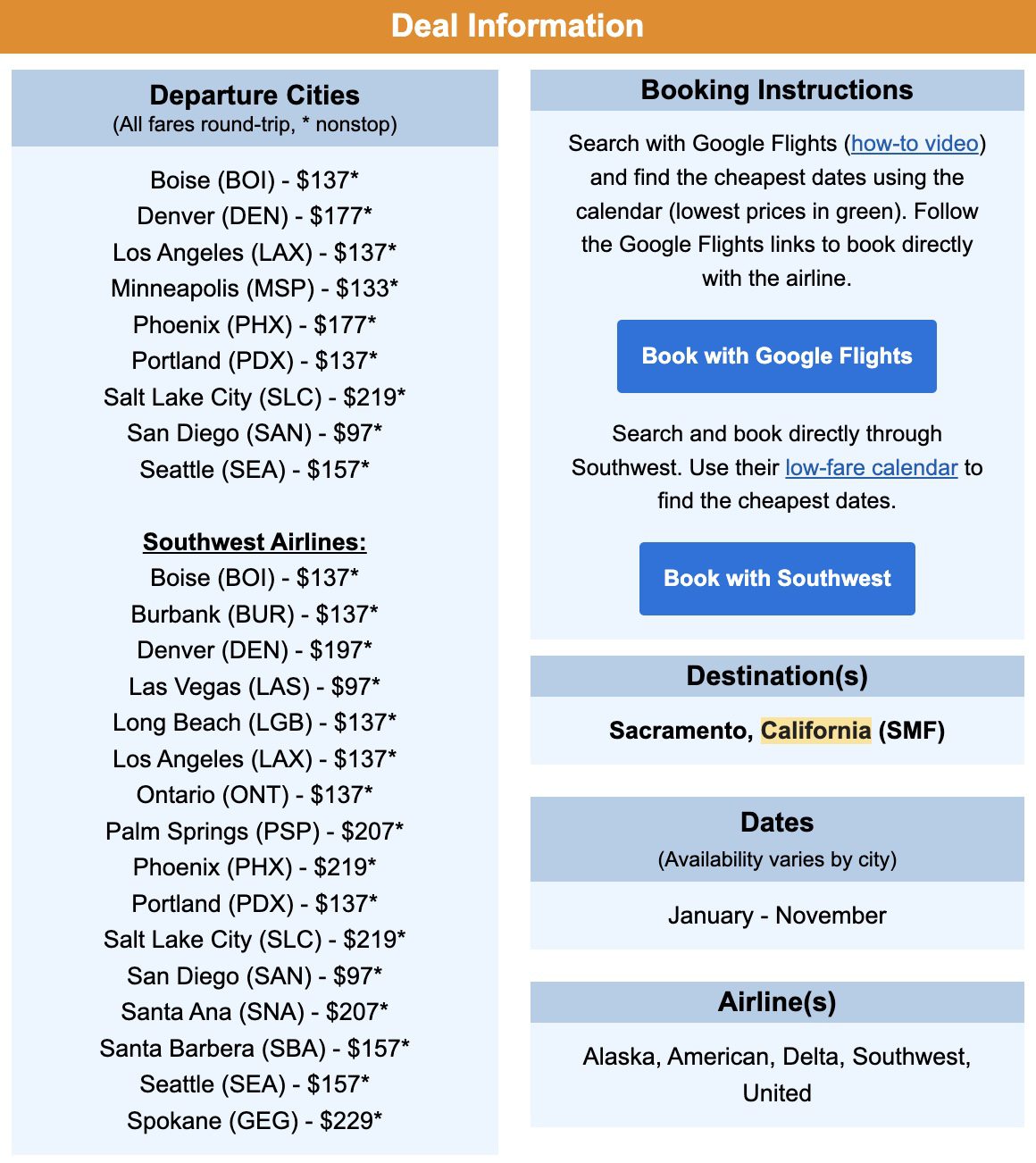 Sacramento flight deal information