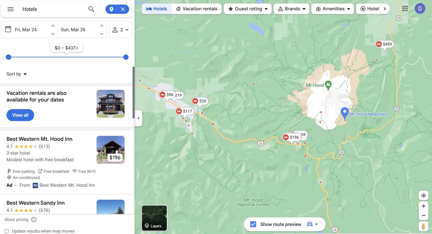 Mt. Hood Meadows lodging search map