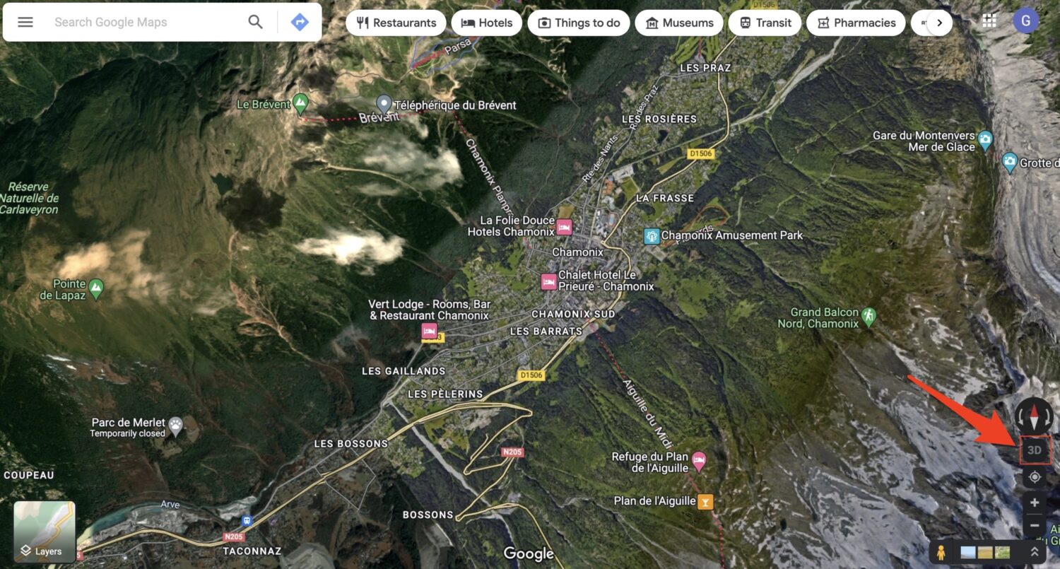 Google Maps satellite map of Chamonix, France