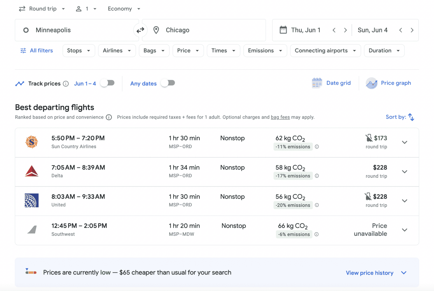 Google Flights search for Minneapolis to Chicago