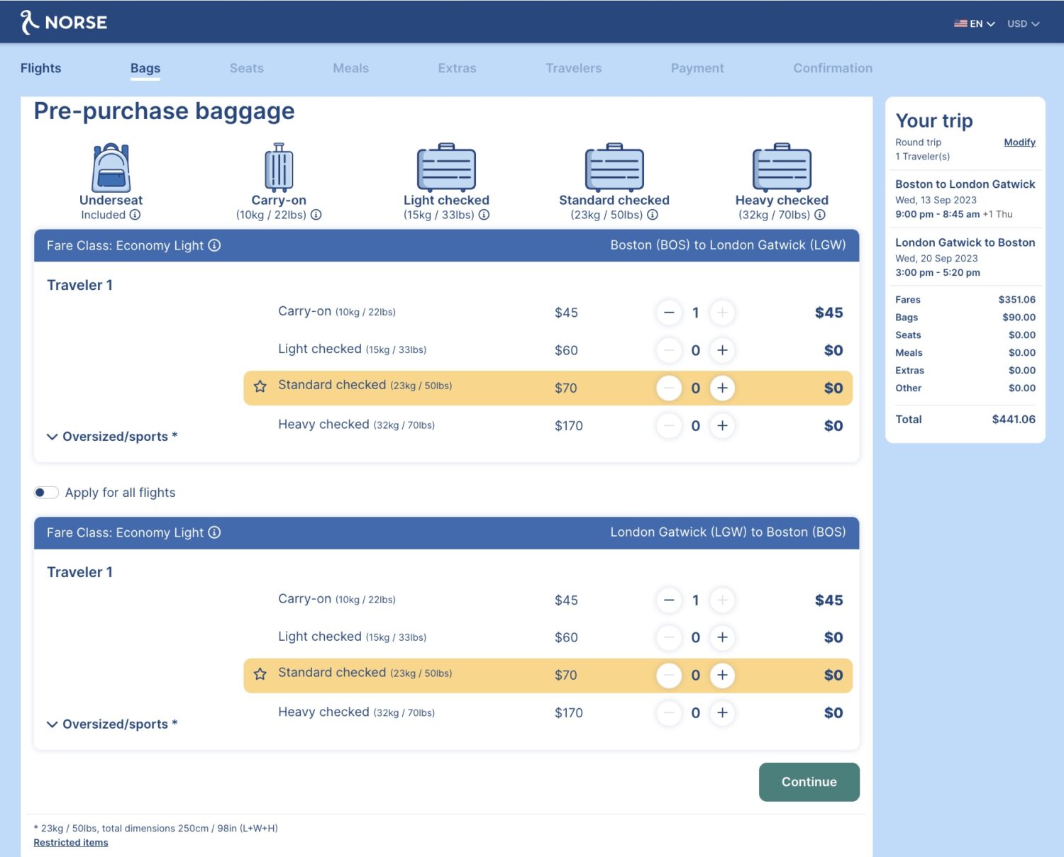 Norse Atlantic baggage fees