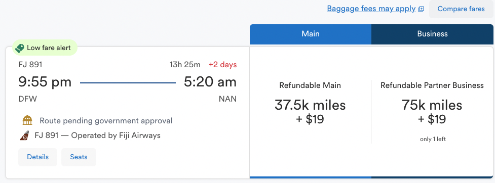 Alaska Airlines Fiji biz class route