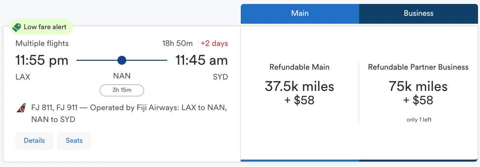 Alaska Fiji Airways Australia biz class flight