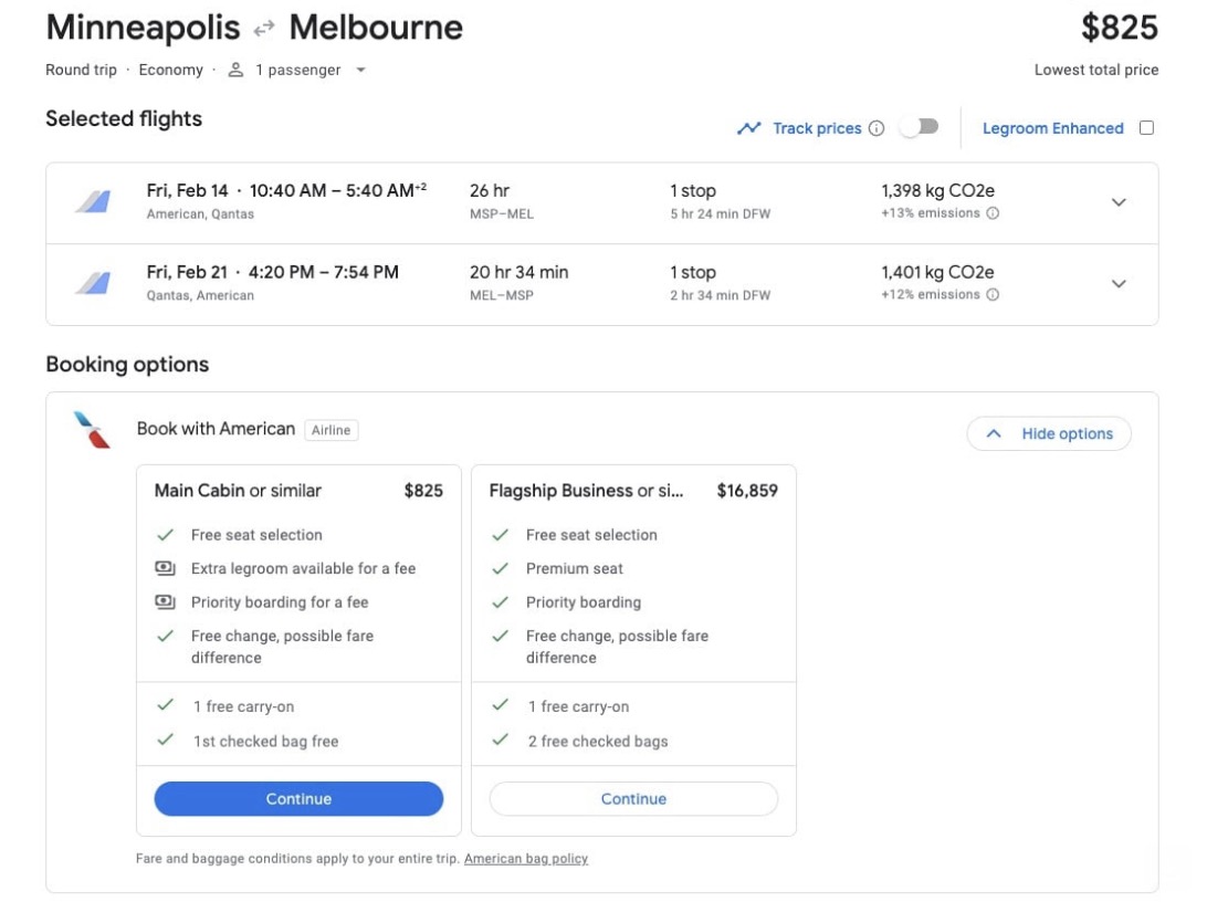 Minneapolis to Melbourne airfare for $825 roundtrip. 