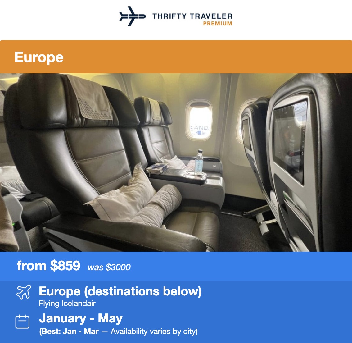 Icelandair Saga Business Class flight deal from $859 roundtrip to Europe. 