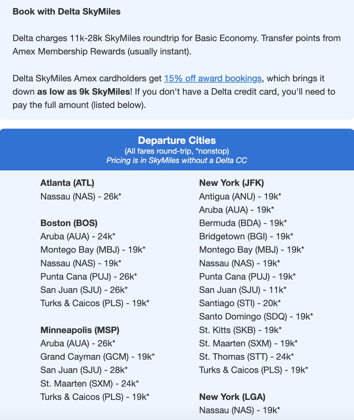 Delta SkyMiles fares to the Caribbean