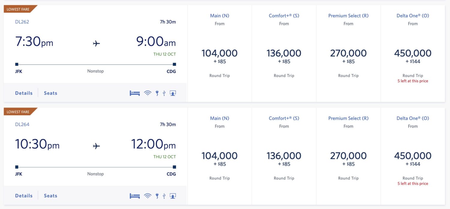 Delta Skymiles fares bookable on Delta's website