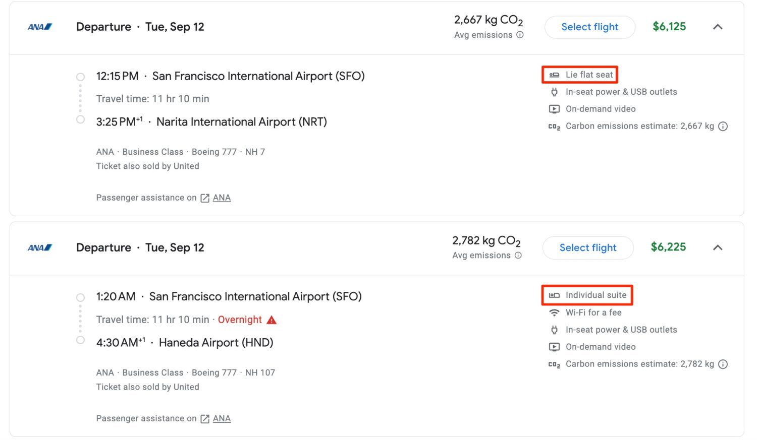 ana business class flights on google showing the difference between a lie-flat seat and an individual suite. 