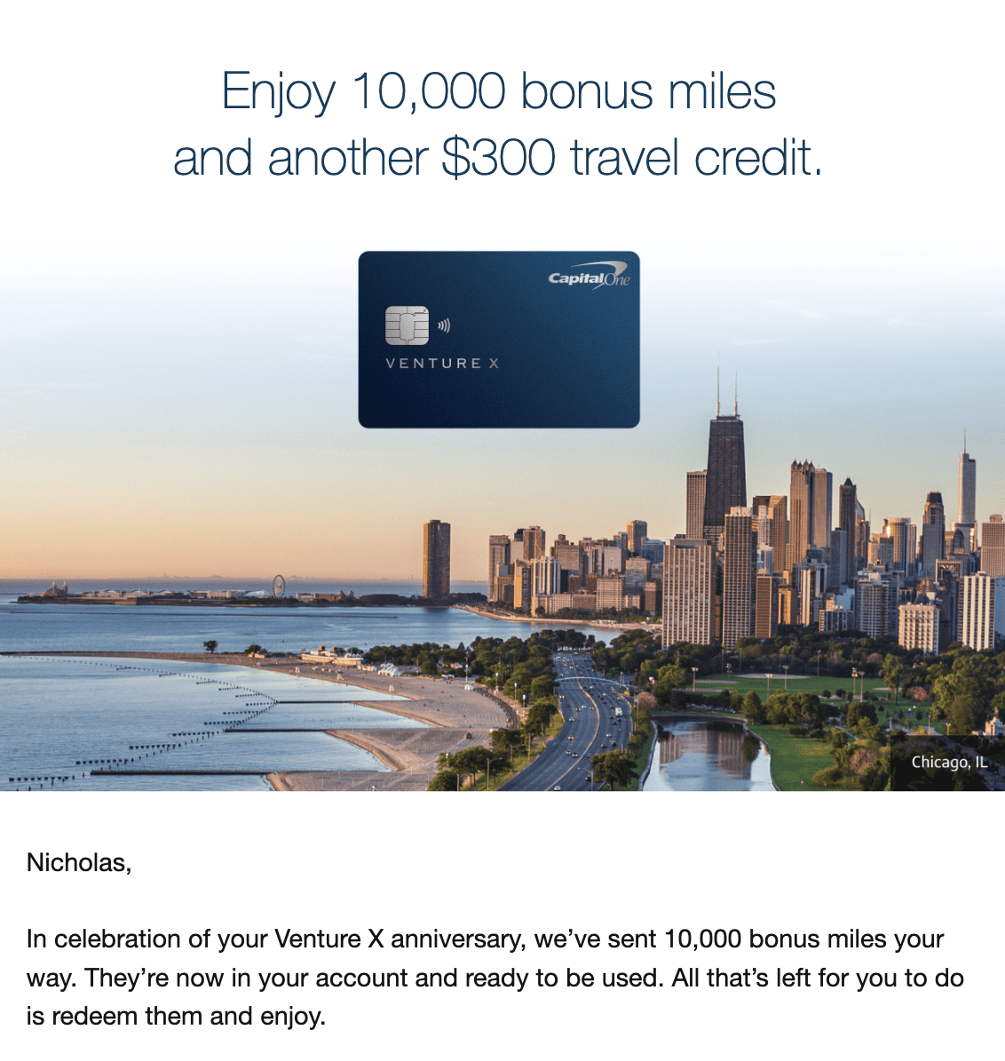 Venture x 10,000 Venture miles anniversary credit email notification