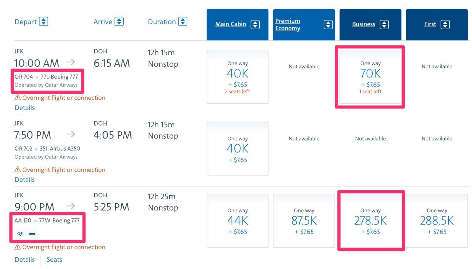 AA Business Class sweet spot illustration