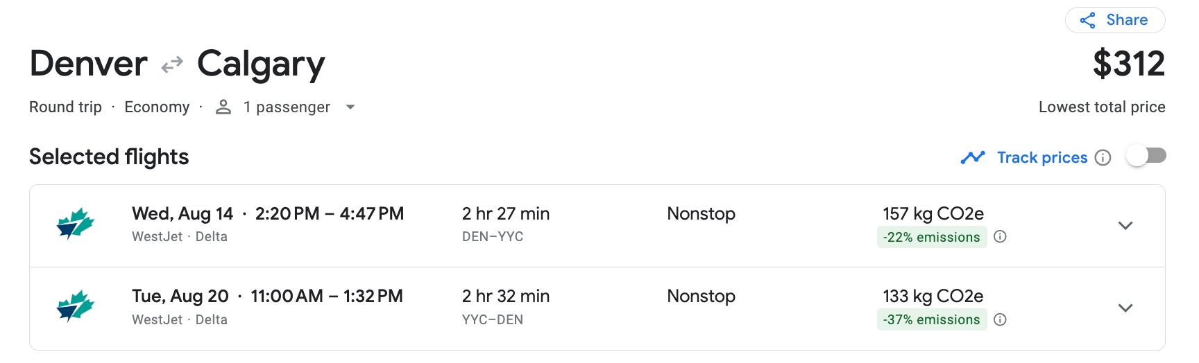 DEN-YYC Google Flights August