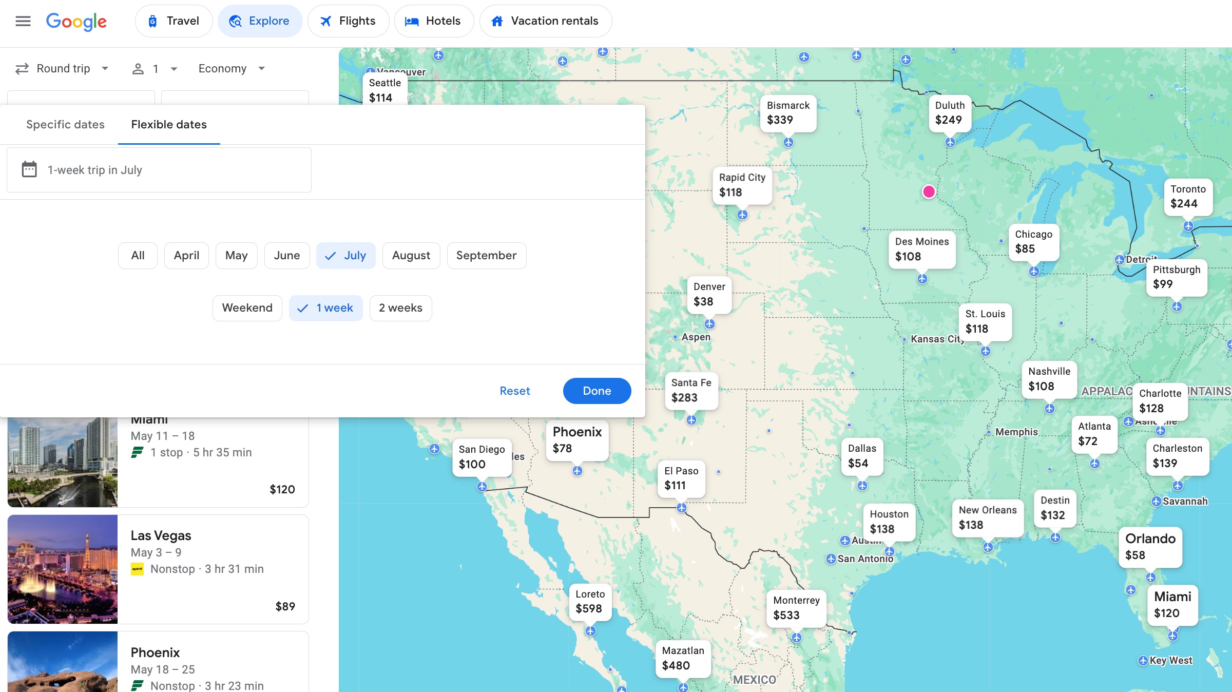 Google Flights Explore one-week trip from MSP in July