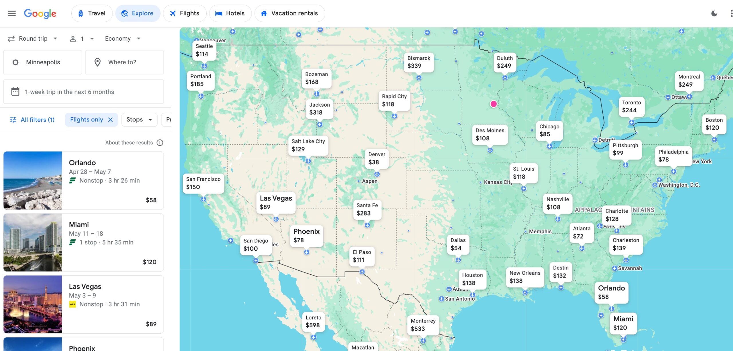 Google Flights Explore MSP