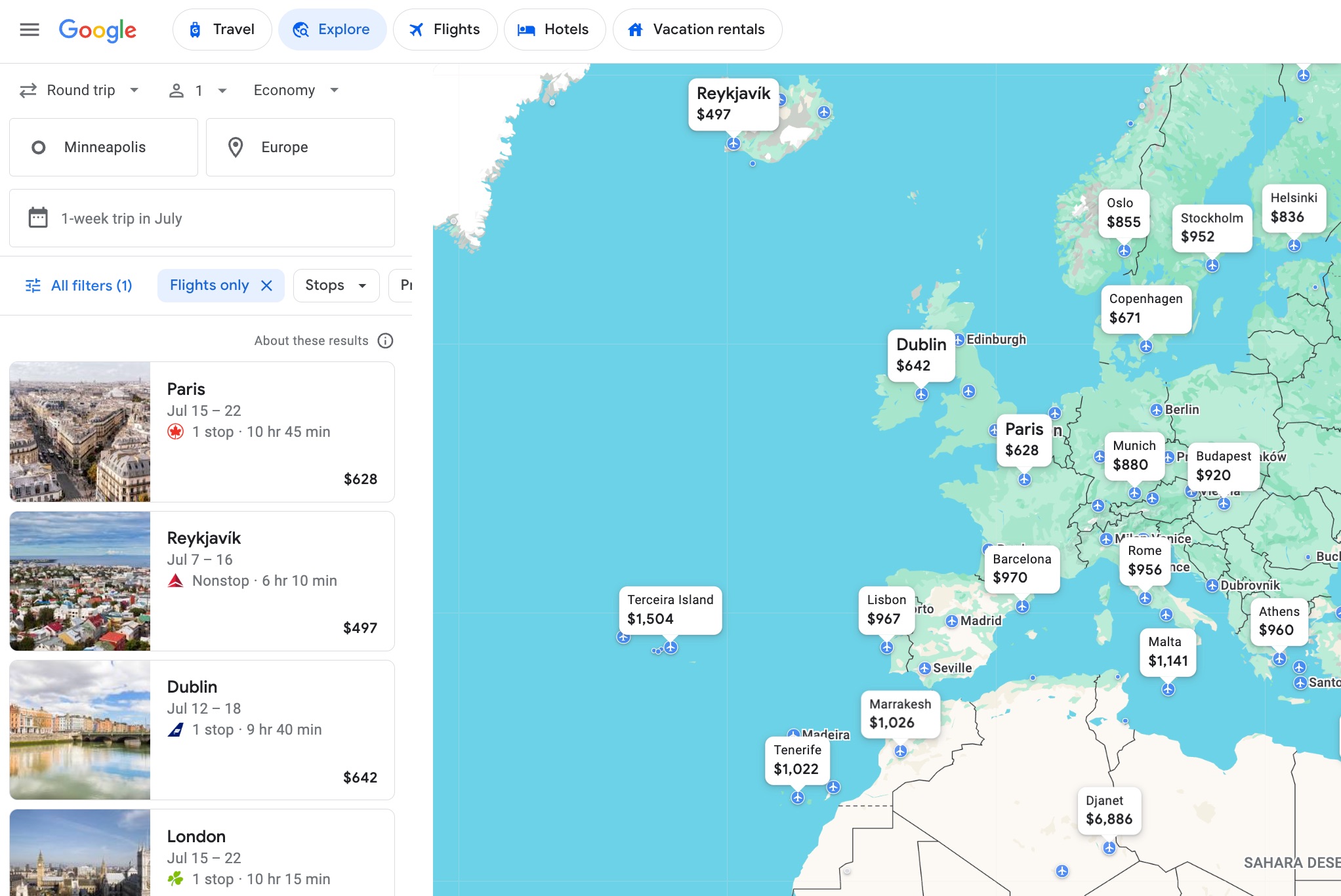 Google Flights Explore search for Minneapolis to Europe flights