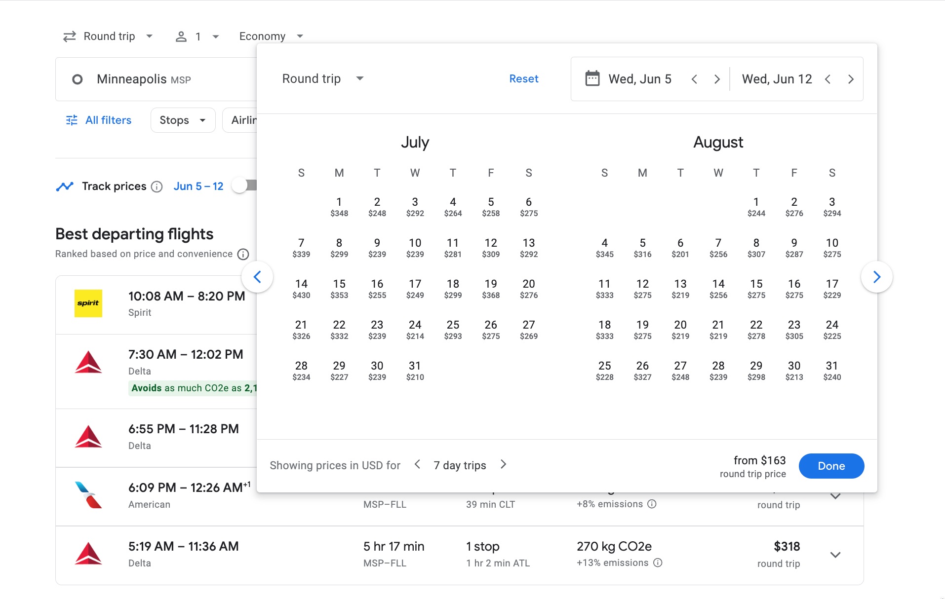Google Flights MSP-FLL 