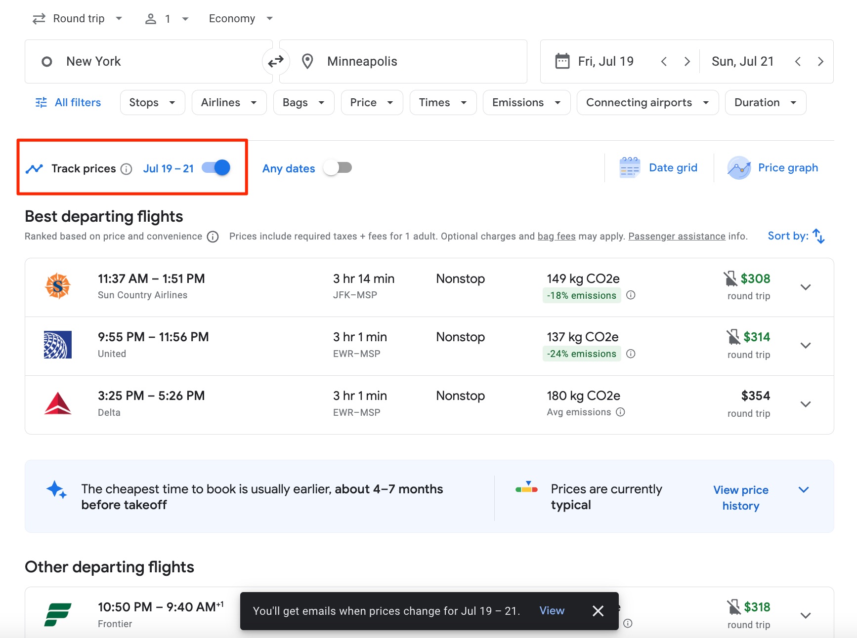 Google Flights price alert JFK-MSP