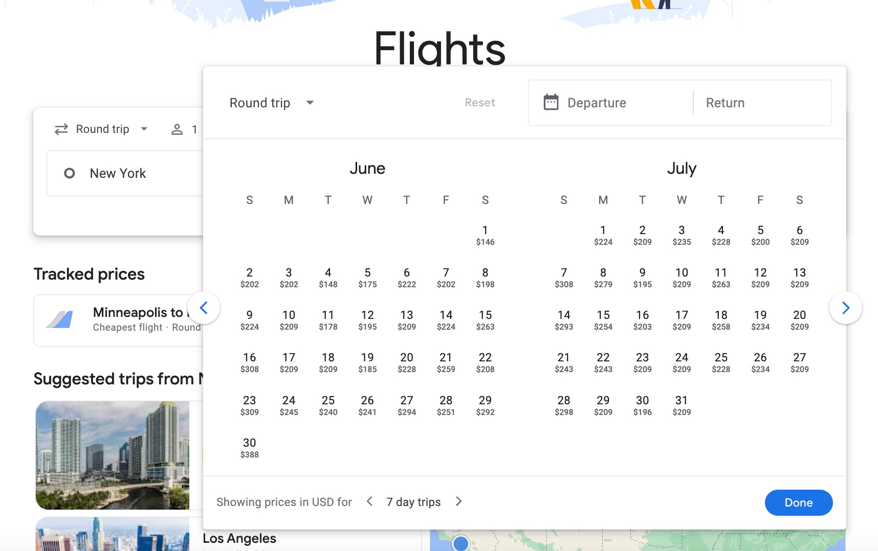 Google Flights summer flights calendar