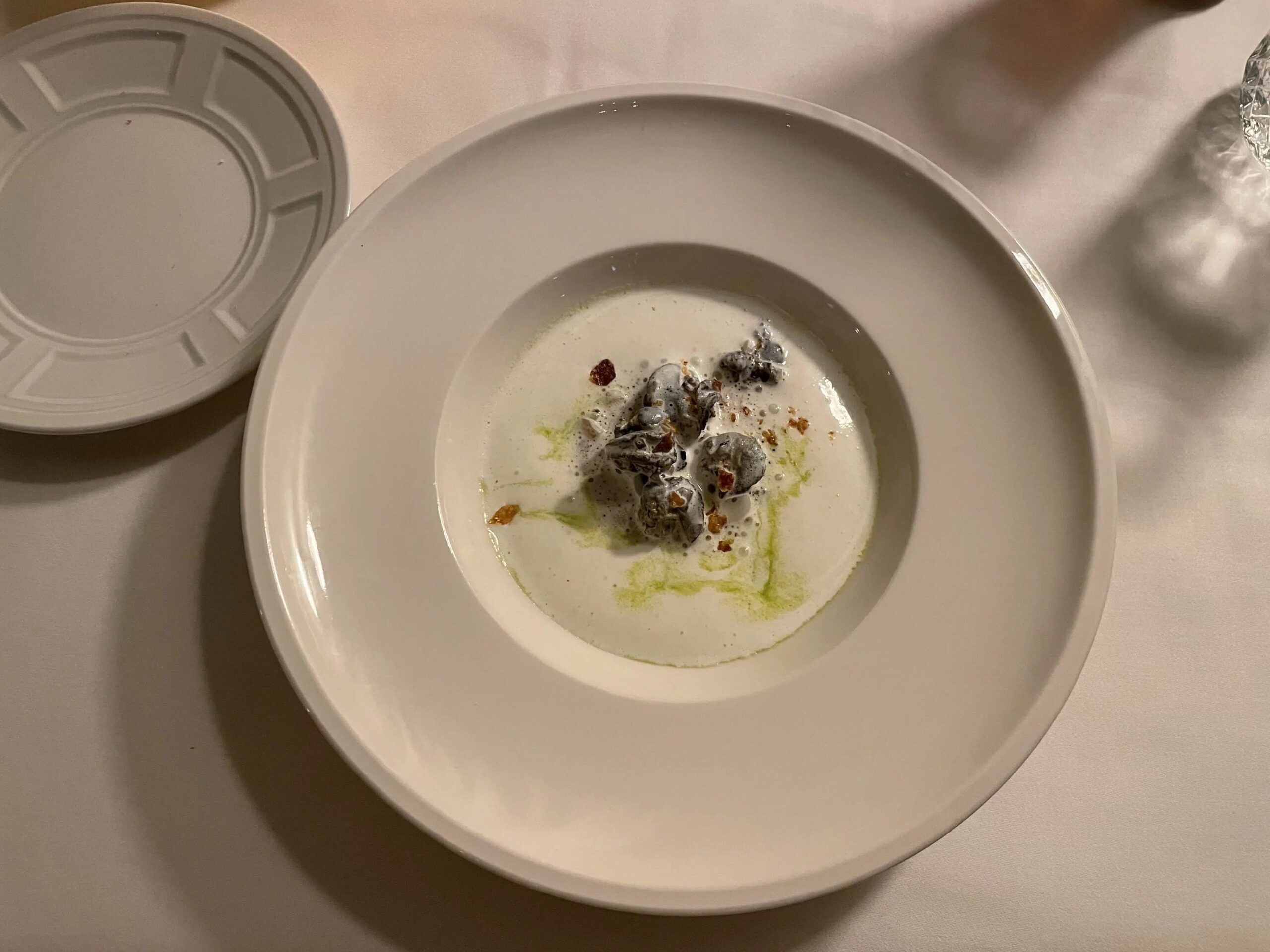 A dish with a white cream sauce, mushrooms, and a drizzle of green. 