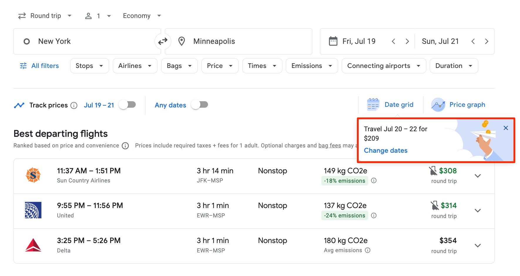 Google Flights search for flights from JFK-MSP