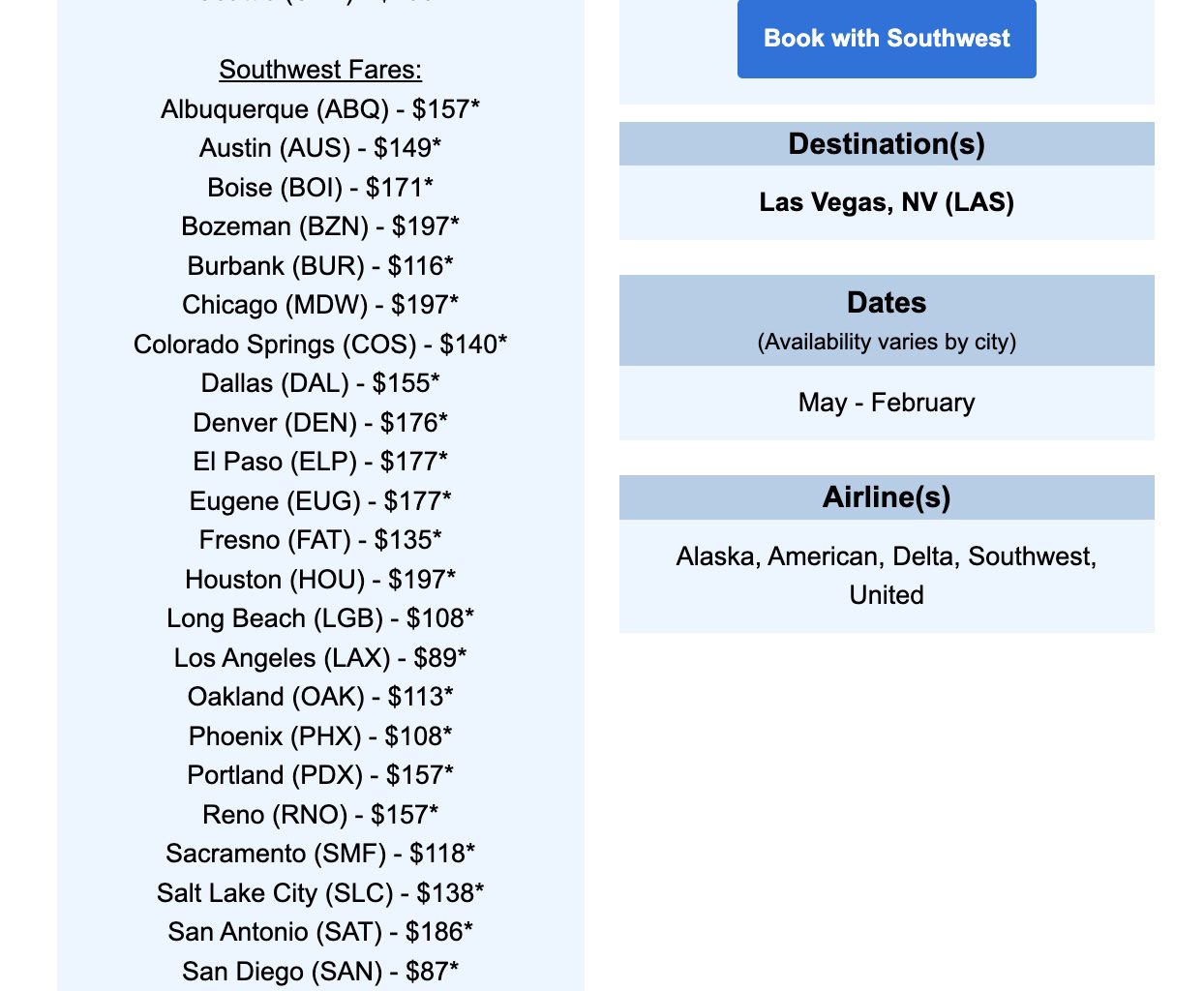 Southwest fares to Las Vegas