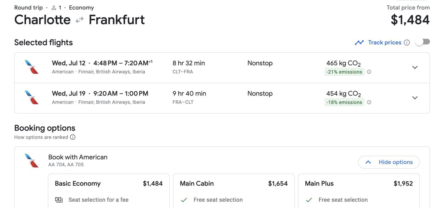 American Airlines CLT to FRA