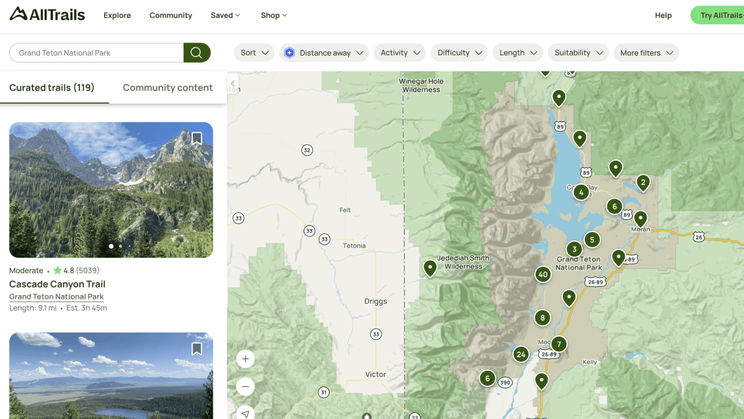 AllTrails search for Grand Teton National Park