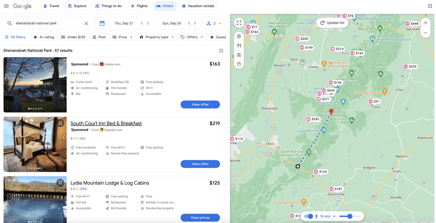 Google Hotels search for lodging near Shenandoah National Park
