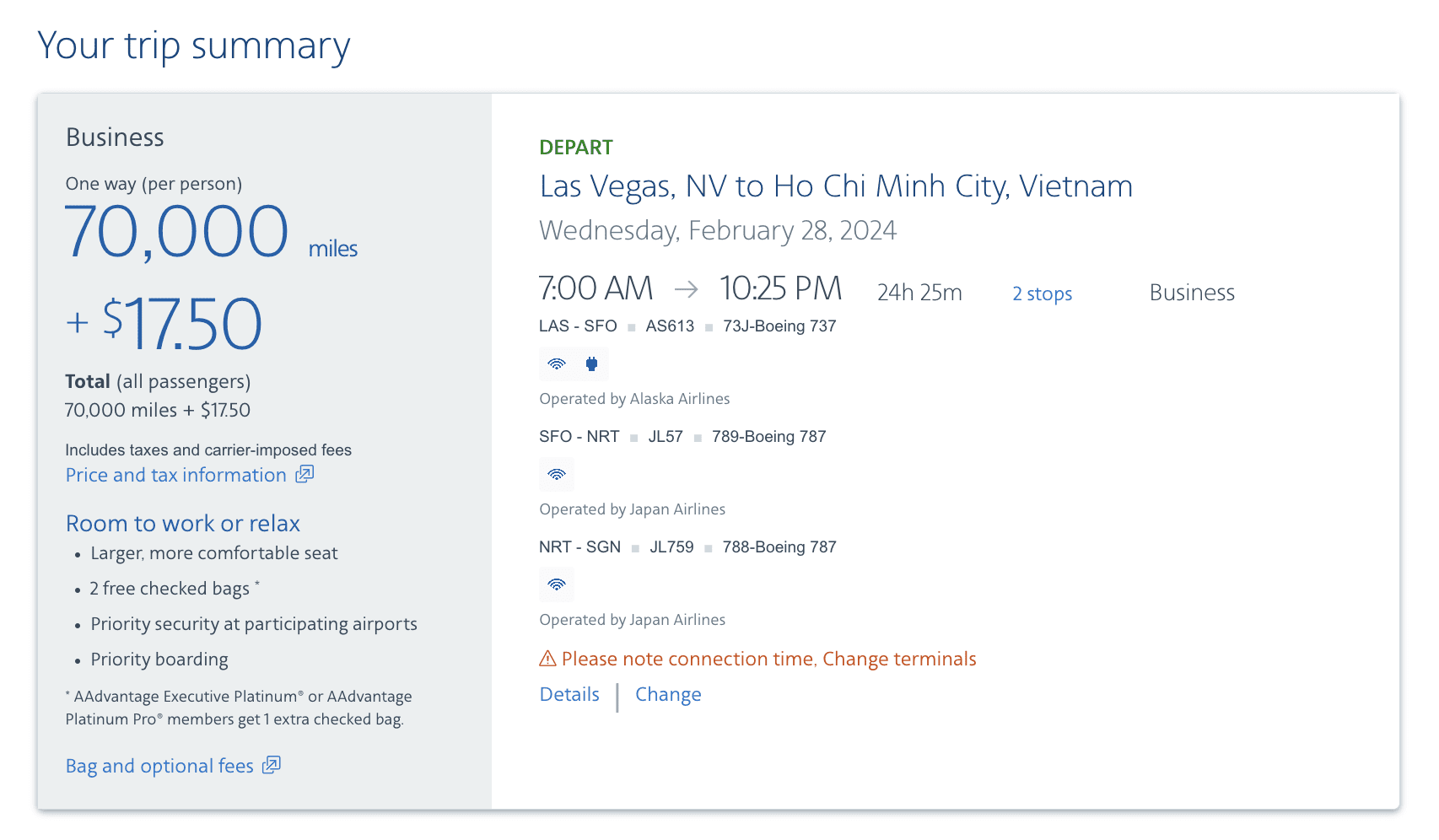 aa las-sgn on japan airlines business class