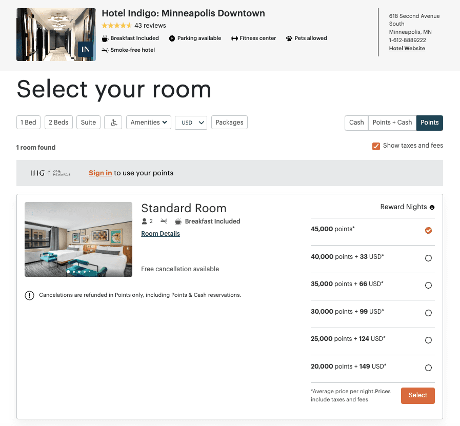 Hotel Indigo standard room search result