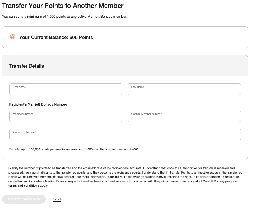 Marriott online points transfer page