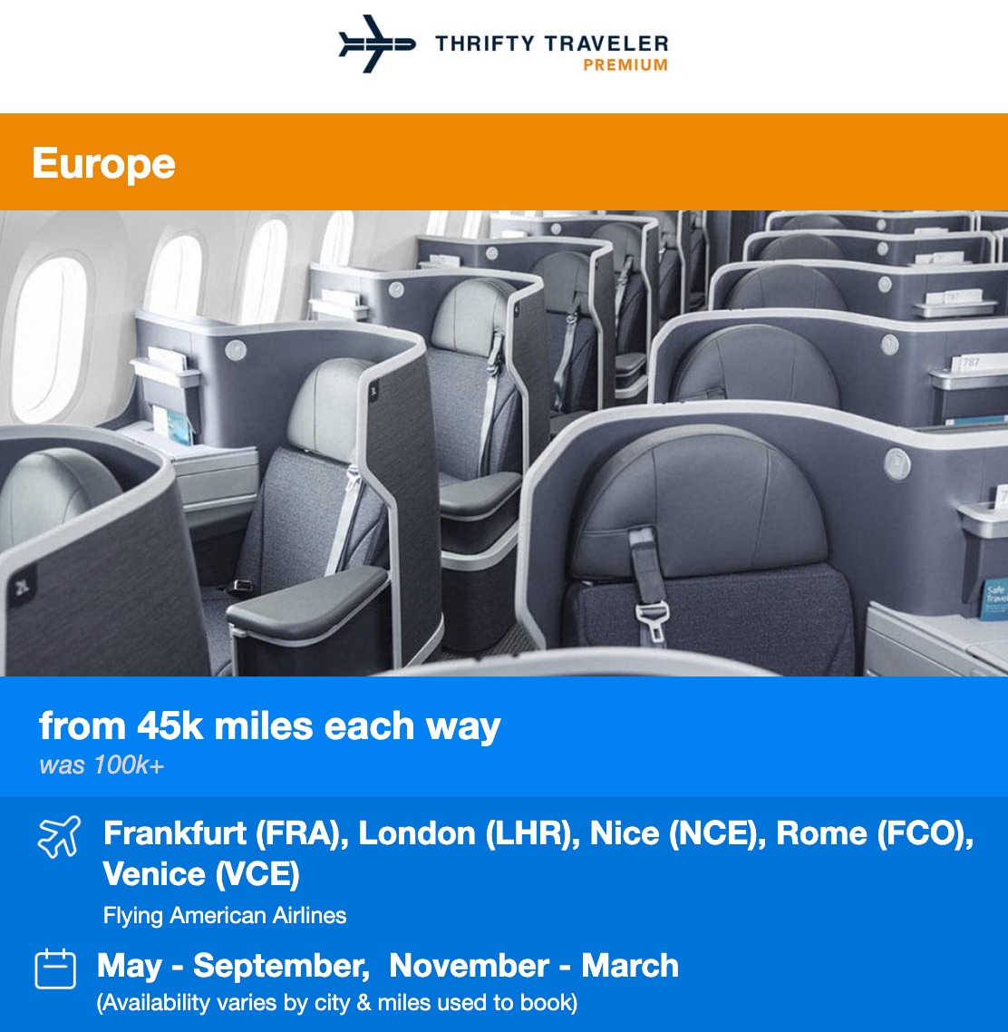Thrifty Traveler Premium AA business class deal
