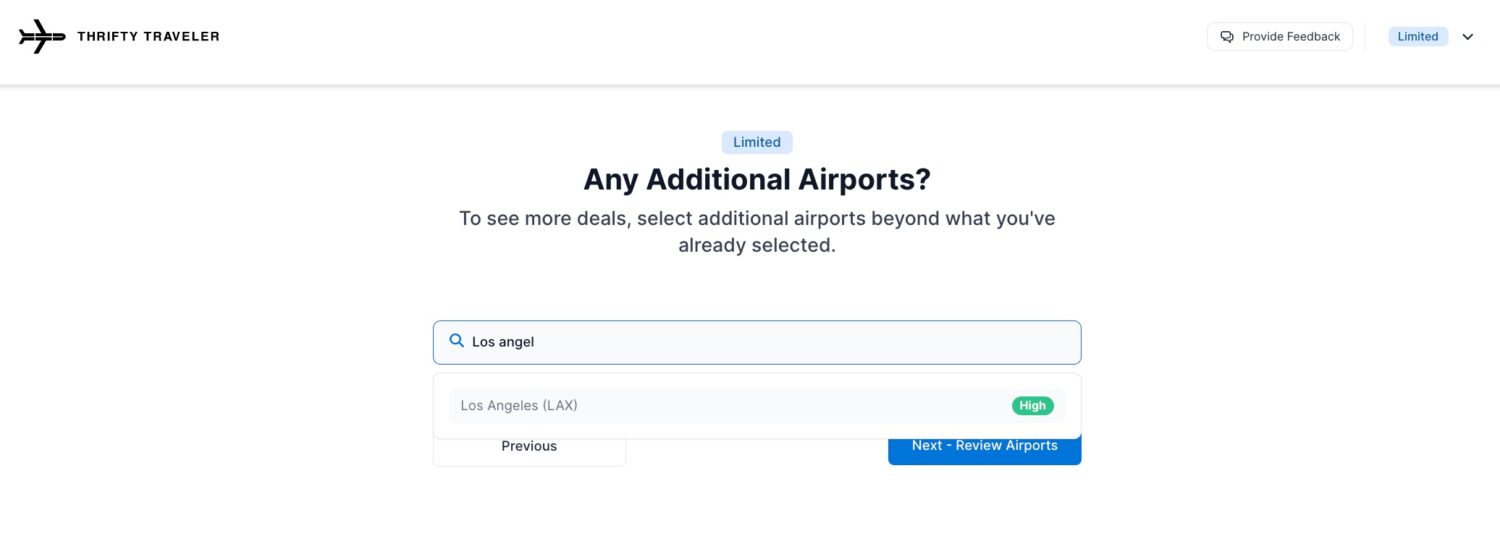 thrifty traveler setup searching for los angeles