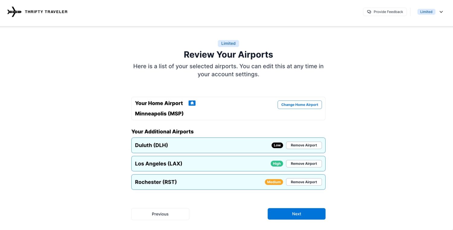 thrifty traveler setup with final airports selected