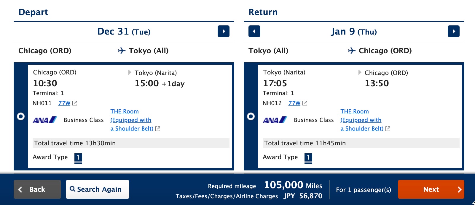a business class booking roundtrip to tokyo with flights selected
