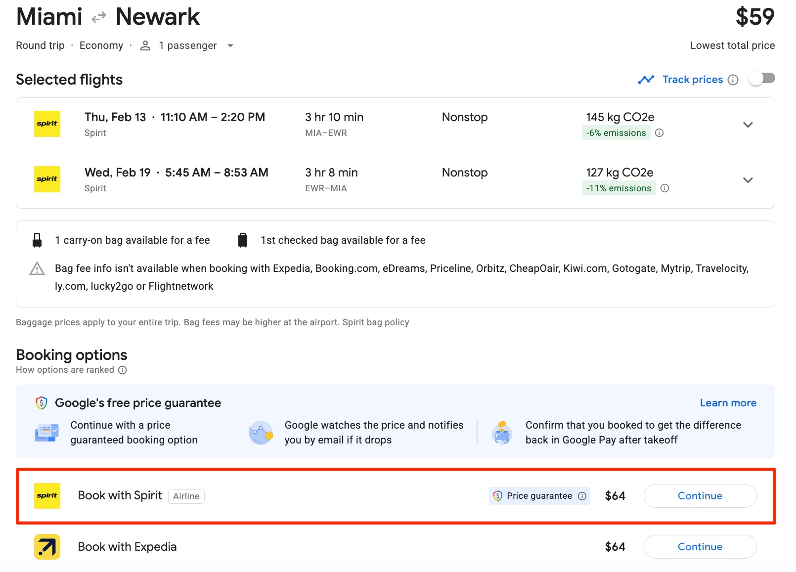 google flights screenshot miami to newark with spirit option selected