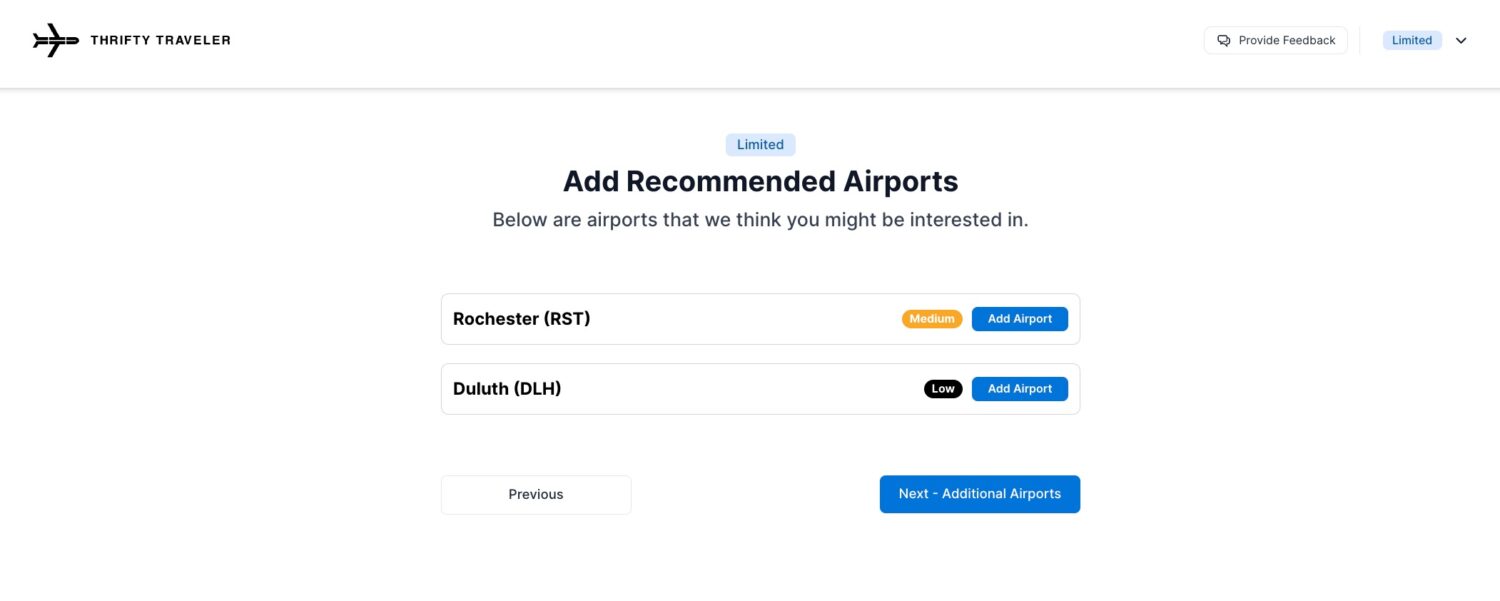 thrifty traveler setup with two airports selected