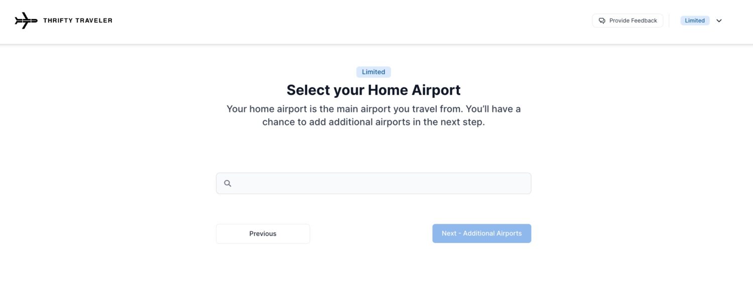 thrifty traveler setup selecting a home airport